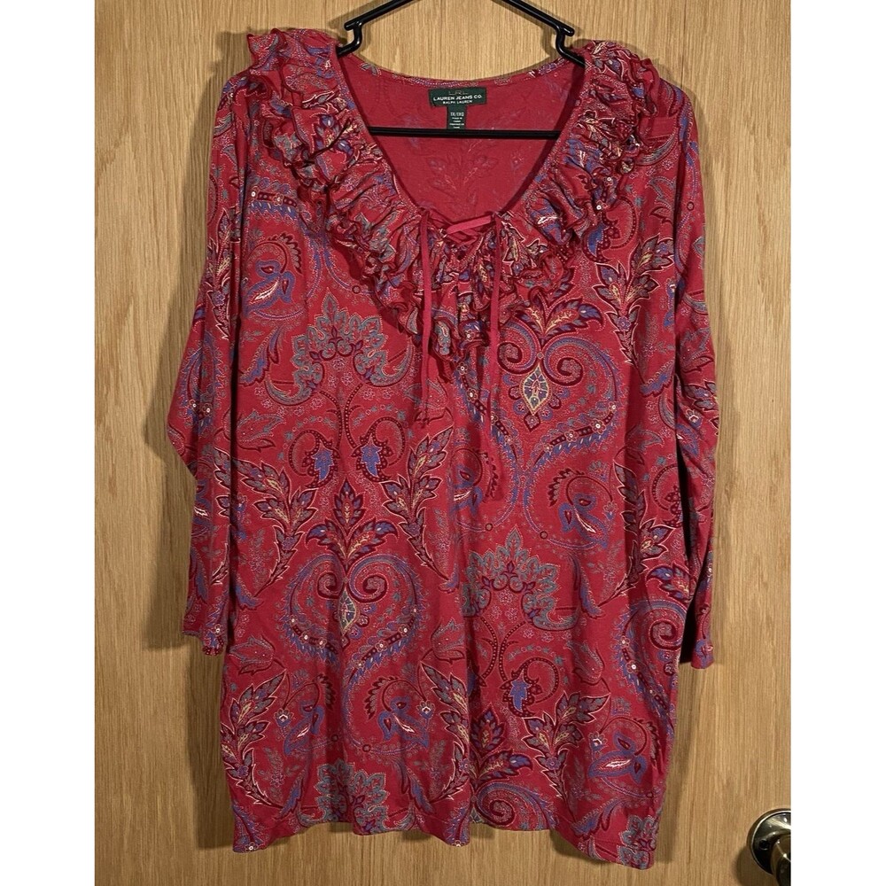 LRL Lauren Jeans Company Women's 1X Boho Top Red Paisley Ruffle Collar Western